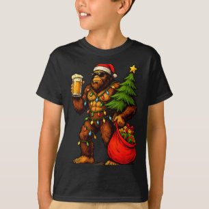 Camiseta Chapéu de Papai Noel Big Foot Engraçado Bebida Árv