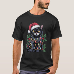 Camiseta Chapéu de Papai Noel de Gato Preto Luzes de Árvore