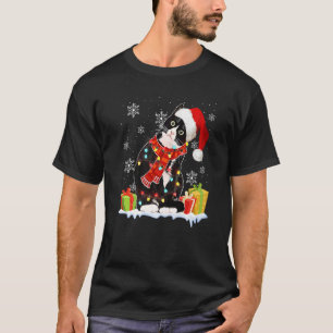 Camiseta Chapéu de Papai Noel de Gato Preto Luzes de Natal
