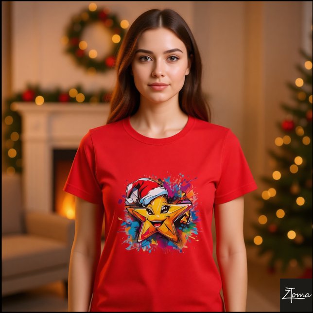 Camiseta Chapéu de Papai Noel Estrela Vibrante com Salpicos (Criador carregado)
