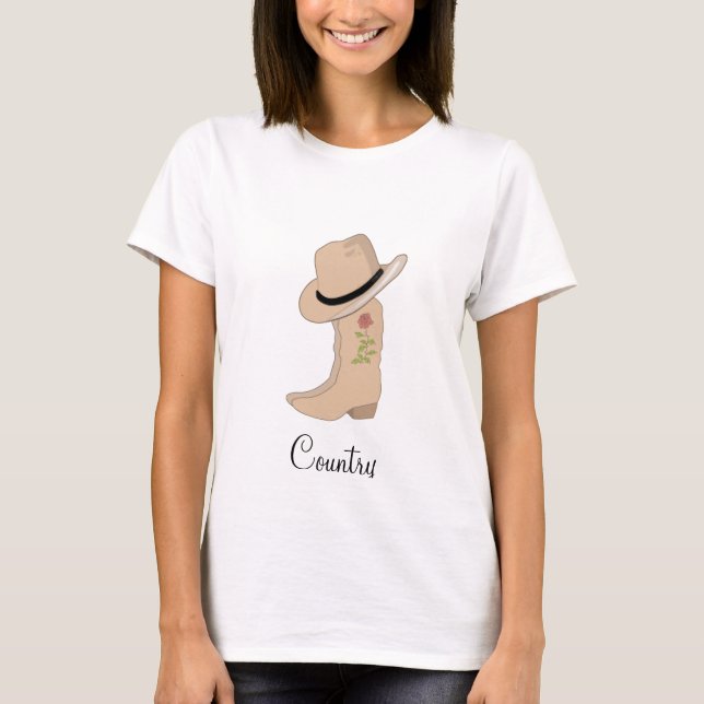 Camiseta Chapéu e Botas Bege Country com Flor (Frente)