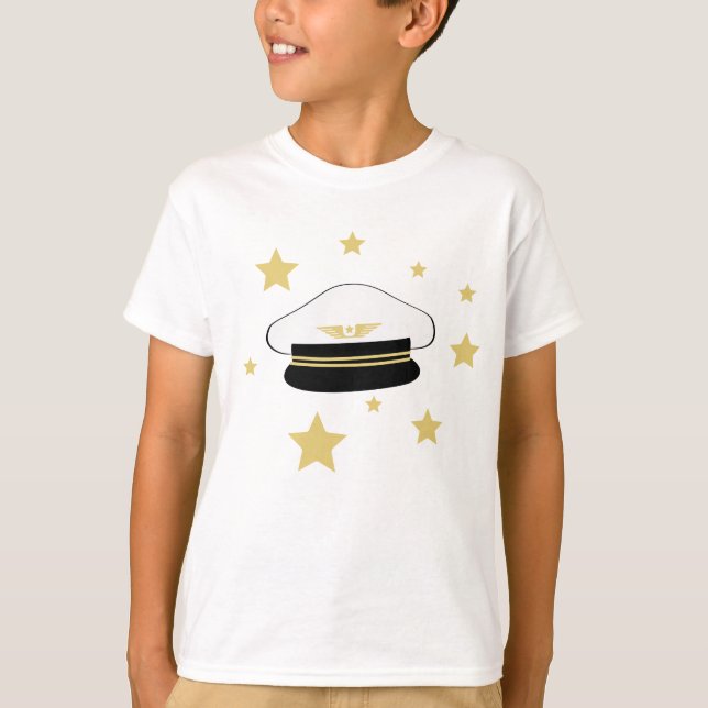 Camiseta Chapéu piloto branco, estrelas douradas, aviador d (Frente)
