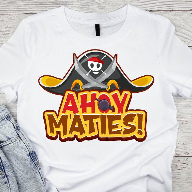 Camiseta Chapéu Pirata Negra Vibrante com 'Maçãs Ahoy!' Tex (Criador carregado)