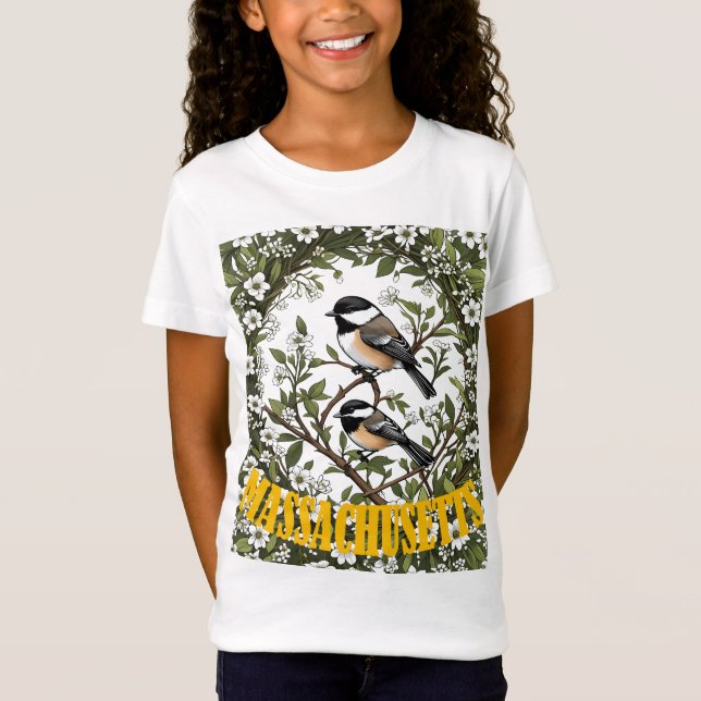 Camiseta Chapim-de-cabeça-preta de Massachusetts e Mayflowe (Frente)