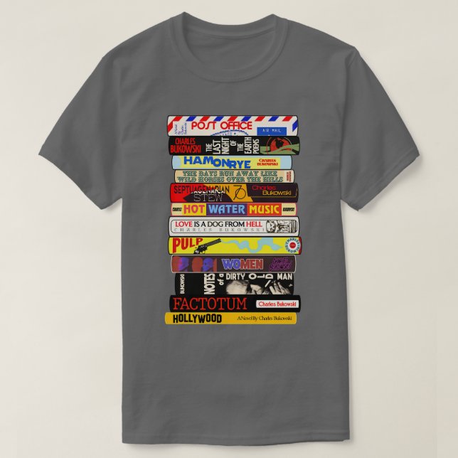 Camiseta Charles Bukowski Books Stack (Frente do Design)