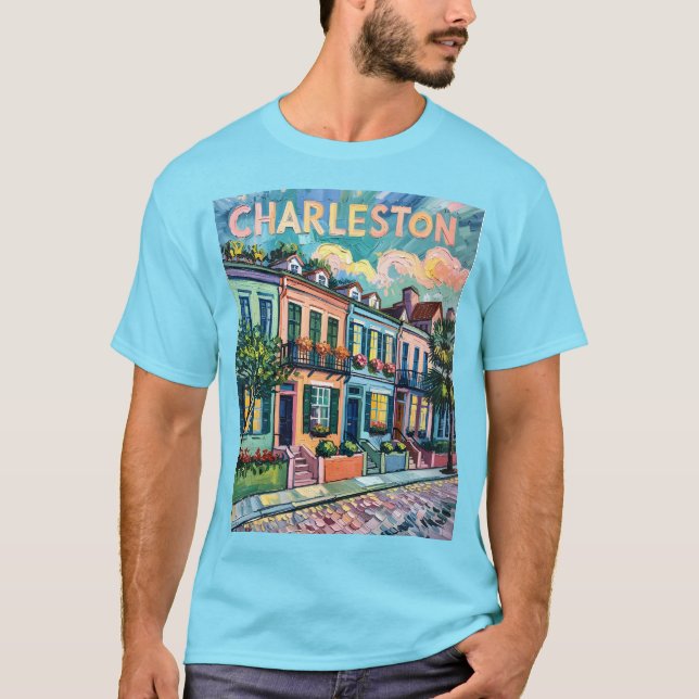 Camiseta Charleston Rainbow Row SC Colorida Van Gogh Retro (Frente)