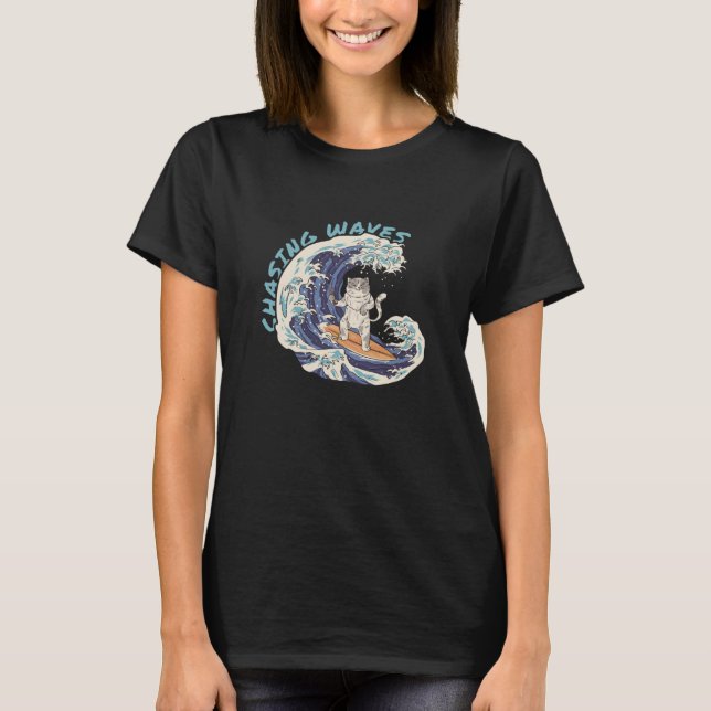 Camiseta Chasing Waves Surfing Cat Cool Surfer Beach  1 (Frente)