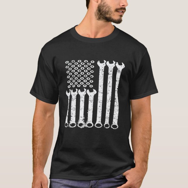Camiseta Chave Combinada Mecânico Bandeira Americana (Frente)