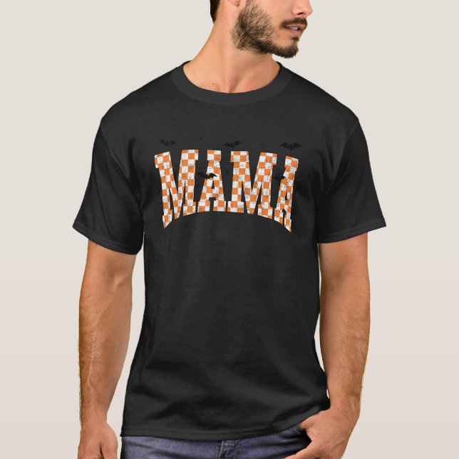 Camiseta Checkerboard Mama com Spider Halloween Mama Spook (Frente)