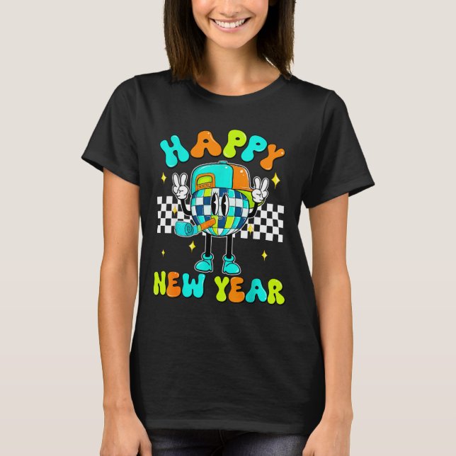 Camiseta Checkered Happy New Year 2026 Disco Ball New Year  (Frente)