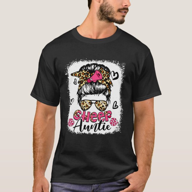 Camiseta Cheer Auntie Leopard Cute Messy Bun Hair Cheerlead (Frente)