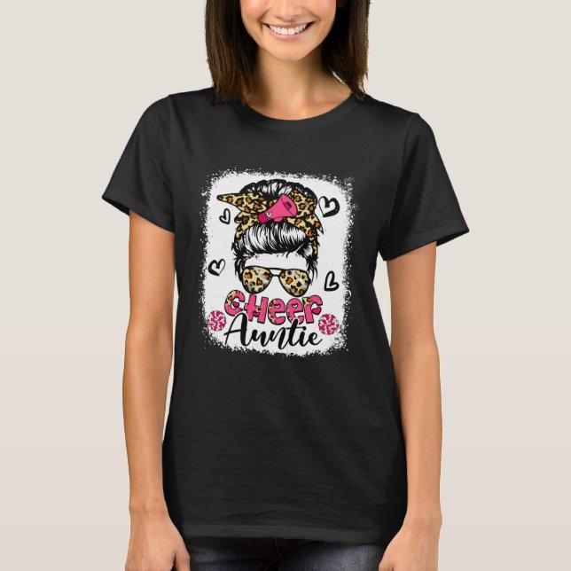 Camiseta Cheer Auntie Leopard Cute Messy Bun Hair Cheerlead (Frente)