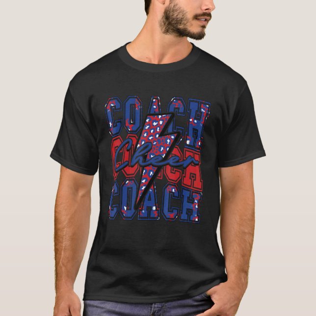 Camiseta Cheer Coach Lightning Bolt Cheer Leopard Blue Red (Frente)