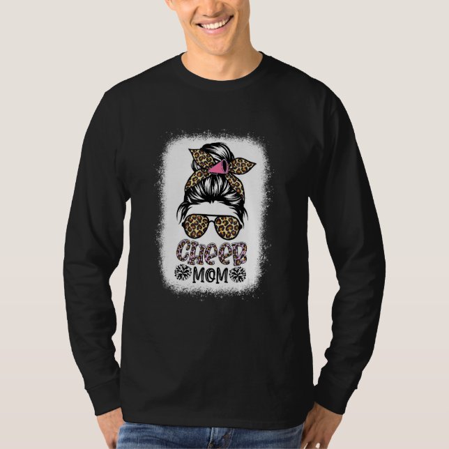 Camiseta Cheer Mãe Leopard Messy Bun Cheerleader Sangrado (Frente)