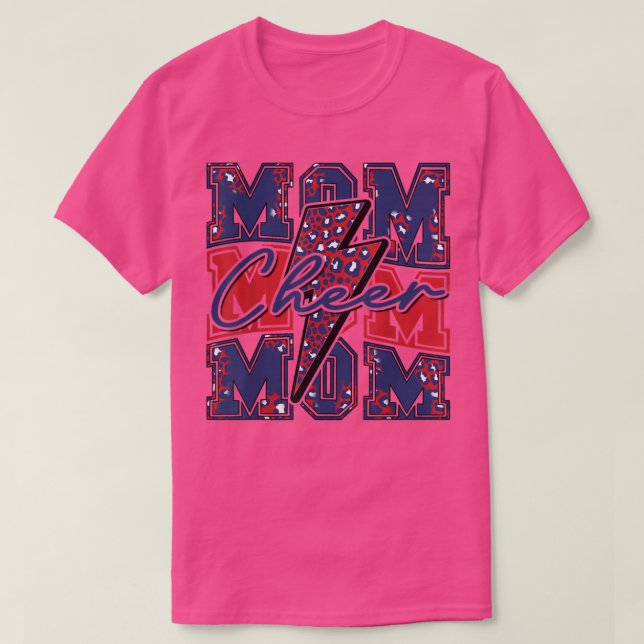 Camiseta Cheer Mamãe Lightning Bolt Cheer Leopard Navy Red (Frente do Design)