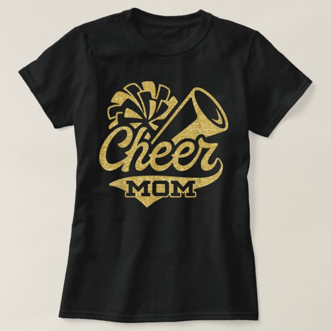 Camiseta Cheer Mom Biggest Fan Cheerleader Black Yellow Gol (Frente do Design)