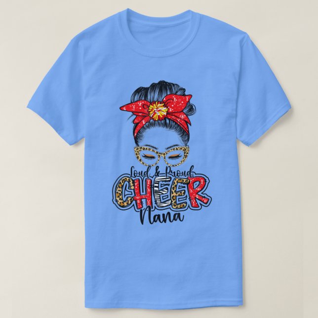 Camiseta Cheer Nana Cheerhead Nana Leopard Messy Bun Mot (Frente do Design)