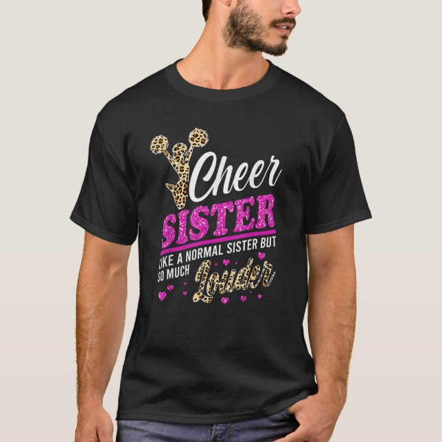 Camiseta Cheer Sister Biggest Fan Leopard Print And Pom Pom (Frente)