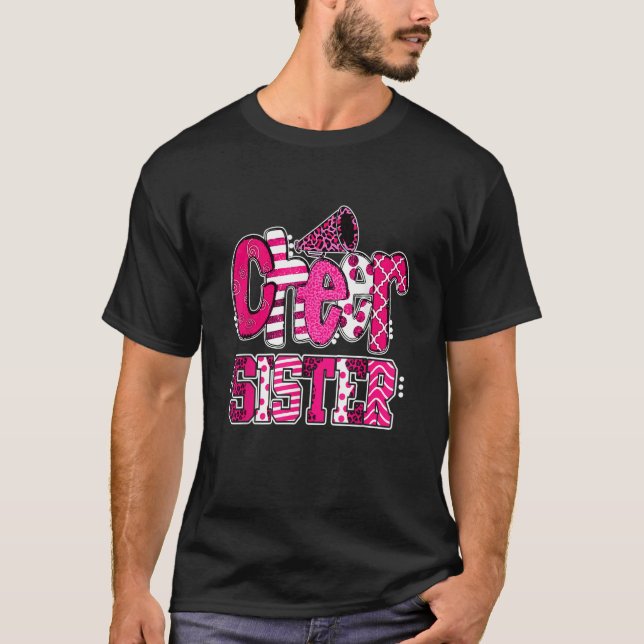 Camiseta Cheer Sister Biggest Fan Leopard Print And Pom Pom (Frente)