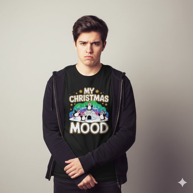 Camiseta Cheerful Black Festive Penguin Igloo Christmas (Criador carregado)