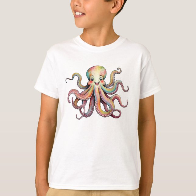 Camiseta Cheerful Bright Rainbow Watercolor Octopus Design (Frente)