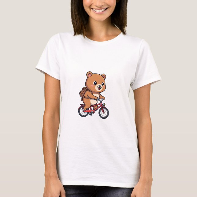 Camiseta Cheerful Brown Bear Riding Red Bicycle (Frente)
