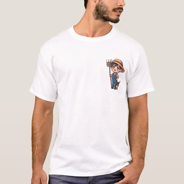 Camiseta Cheerful Chibi Farmer Boy in Overalls (Frente)