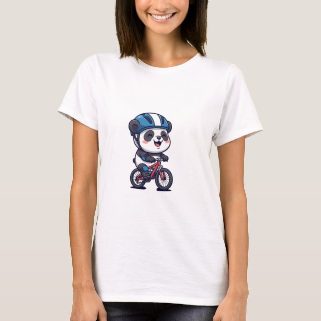 Camiseta Cheerful Panda Cyclist Riding a Red Mountain Bike (Frente)
