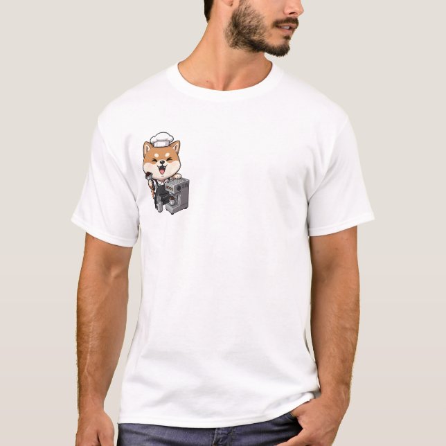 Camiseta Cheerful Shiba Inu Barista with Espresso Machine (Frente)
