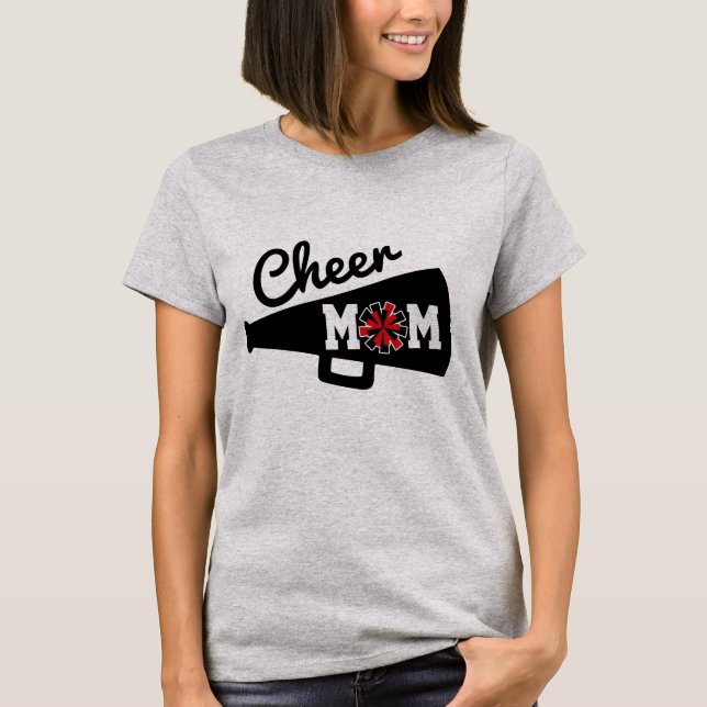Camiseta "Cheerhead" Mãe, Cinza Vermelha Negra Preta (Frente)