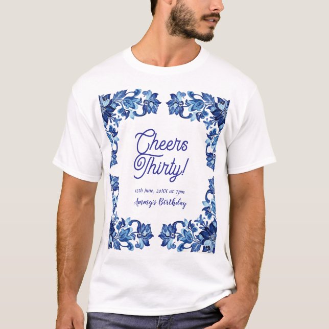 Camiseta Cheers thirty birthday royal blue floral border na (Frente)