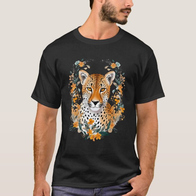 Camiseta Cheetah Face Animal Print Big Cat Wildlife Flowers (Frente)