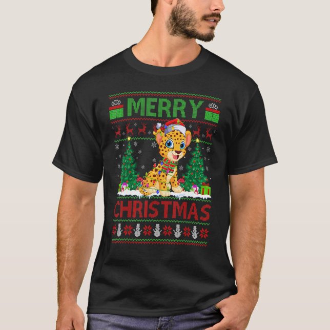 Camiseta Cheetah   Xmas Tree Lights Ugly Santa Cheetah Chri (Frente)