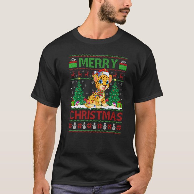 Camiseta Cheetah  Xmas Tree Lights Ugly Santa Cheetah Chris (Frente)
