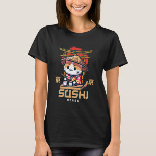 Camiseta Chef de Sushi Kitty com Traje Japonês Tradicional