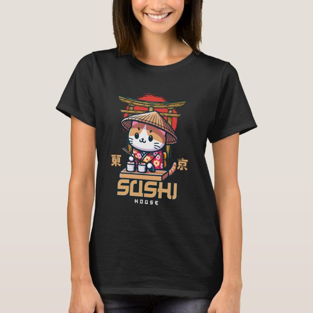 Camiseta Chef de Sushi Kitty com Traje Japonês Tradicional  (Frente)