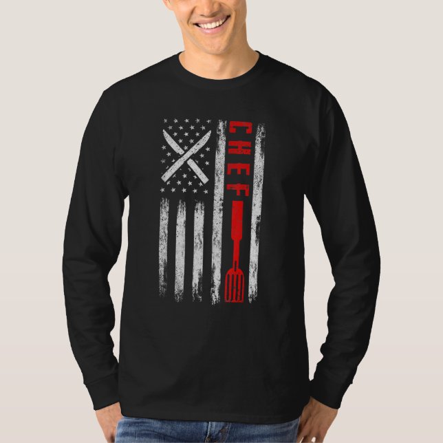 Camiseta Chef Knife Usa Patriótica Cook Flag Americano 4º (Frente)