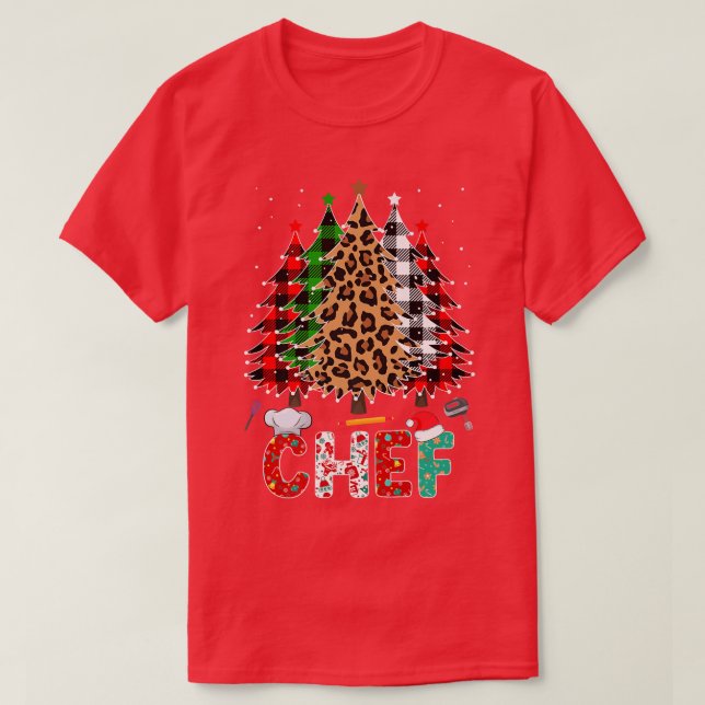 Camiseta Chef Leopard Red White Xadrez Árvores de Natal (Frente do Design)