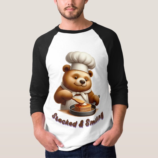 Camiseta Chef Urso Cozinhando Panquecas Empilhadas e Sorrid (Frente)