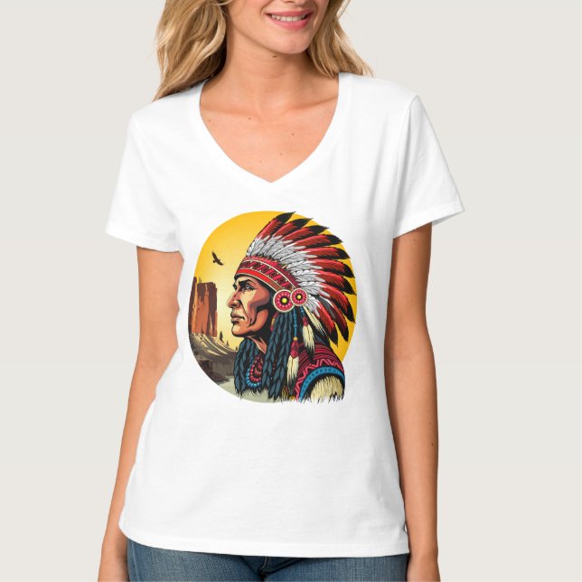 Camiseta Chefe Americano Nativo na paisagem selvagem Sunset (Frente)