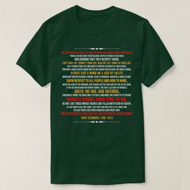 Camiseta Chefe Tecumseh quotLive Seu Poema Lifequot (Frente do Design)