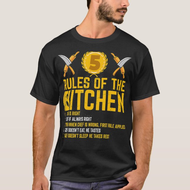 Camiseta Chefs 5 Regras da cozinha Regras Engraçadas de Che (Frente)