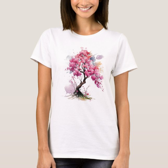Camiseta Cheio Bloomia Sakura Cerejeira Flor Árvore Aquarel (Frente)