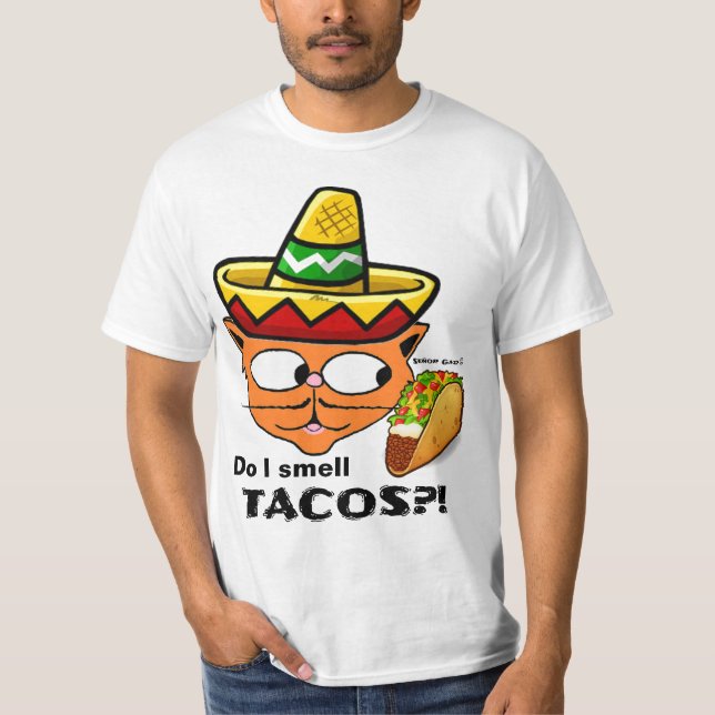 Camiseta Cheira-me a tacos? Gato de Cartoon Mexicano Engraç (Frente)