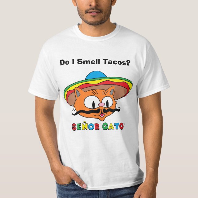 Camiseta Cheira-Me Tacos? Gato Cartoon Mustache (Frente)