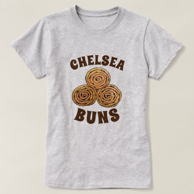 Camiseta Chelsea Buns UK Currant Bun Bakery Comida britânic (Frente do Design)