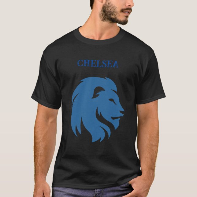 Camiseta Chelsea FC com imagem de leão. Personalizável. (Frente)