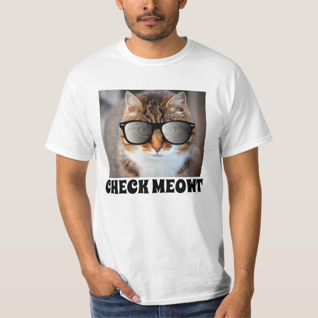 Camiseta Cheque Meowt, Gato Engraçado com óculos de sol T-s (Frente)