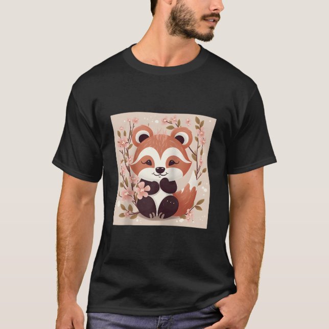 Camiseta Cherry Blossom And Red Panda Illustration Baseball (Frente)