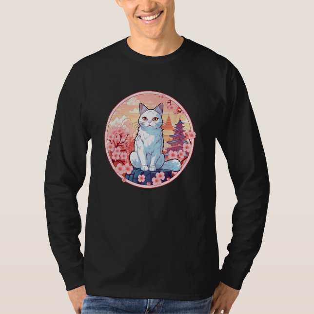 Camiseta Cherry Blossom Cat Vintage Japanese Aesthetic Grap (Frente)